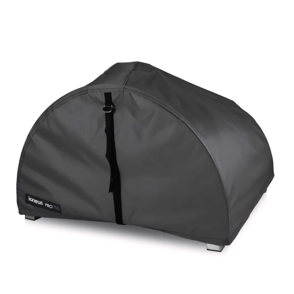 Dark gray durable fabric igneus pizza oven cover with black strap closure and reinforced base feet for tailored protection