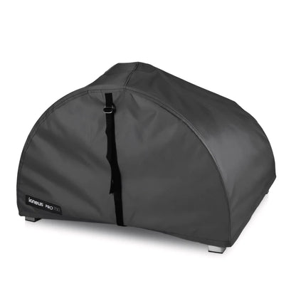Dark gray durable fabric igneus pizza oven cover with black strap closure and reinforced base feet for tailored protection