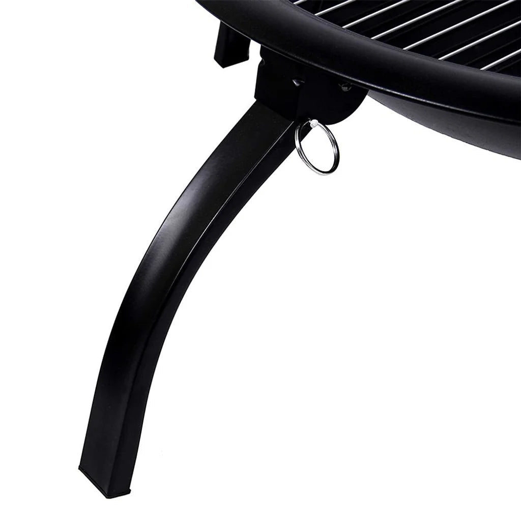 Black metal kaida traveller portable folding fire pit with curved legs and silver ring on the side