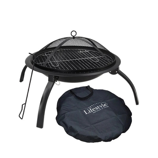 Kaida traveller portable folding black metal fire pit with mesh lid grill and matching carrying bag