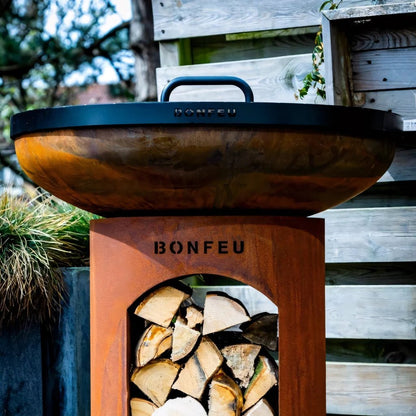 Rust-colored steel fire pit lid with black handle for bonfeu bonbiza or bonbowl 80cm model lid80