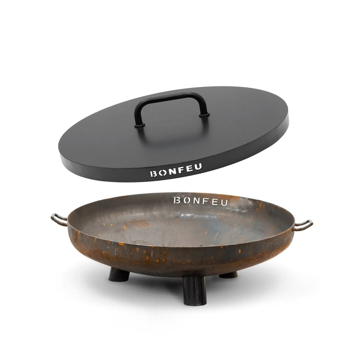 Black bonfeu fire pit with rusted metal bowl and lid on three legs for bonfeu bonbiza or bonbowl 80cm lid80