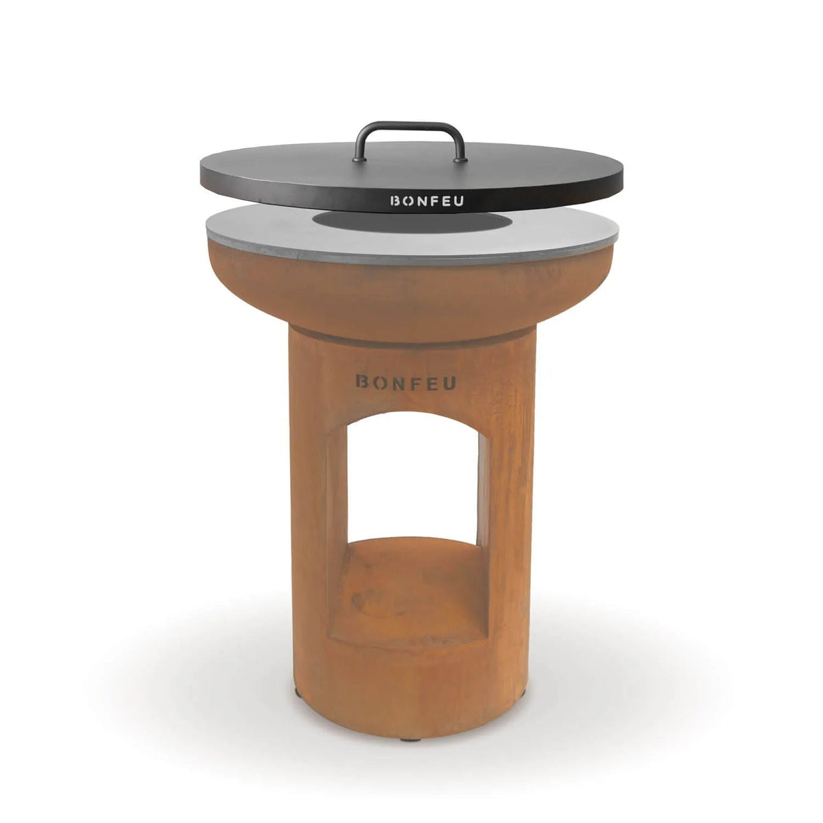 Lid for bonfeu bonbiza or bonbowl outdoor fire pit with terracotta ceramic body and black lid with bonfeu logo and handle