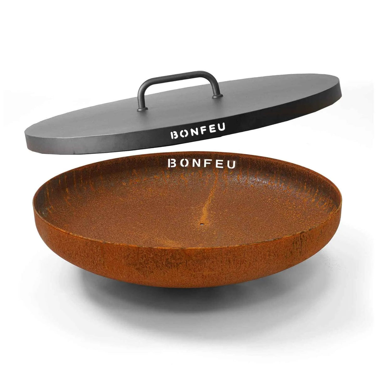Rust-colored oval fire pit lid for bonfeu bonbowl and bonbowl plus with black top and bonfeu branding
