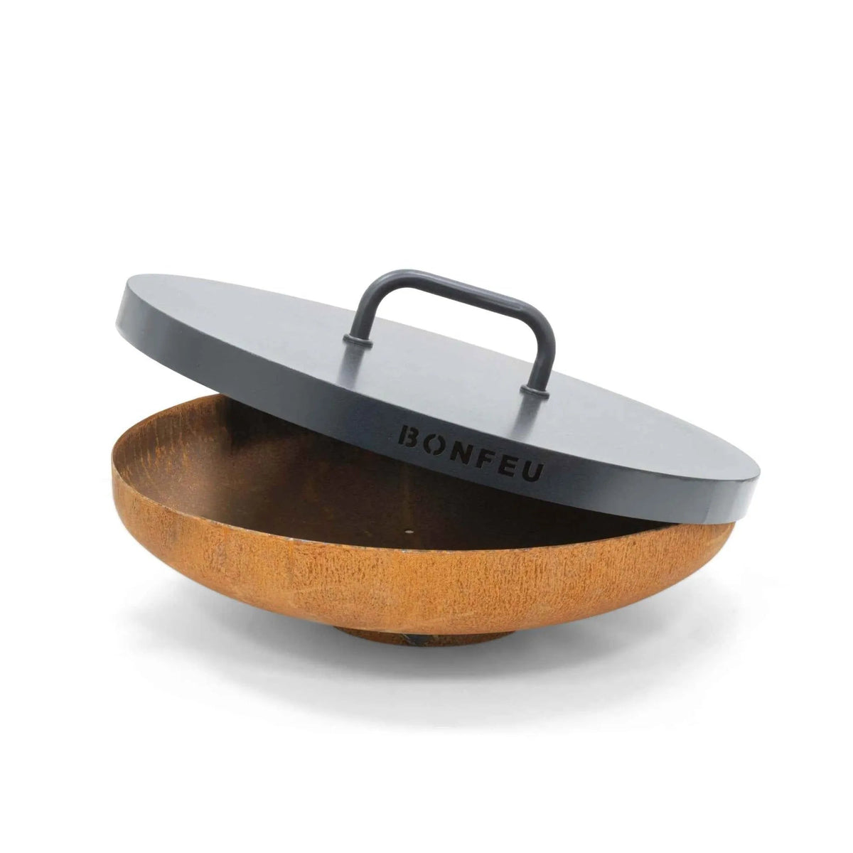 Lid for bonfeu bonbowl and bonbowl plus fire pit featuring a black steel lid with integrated handle