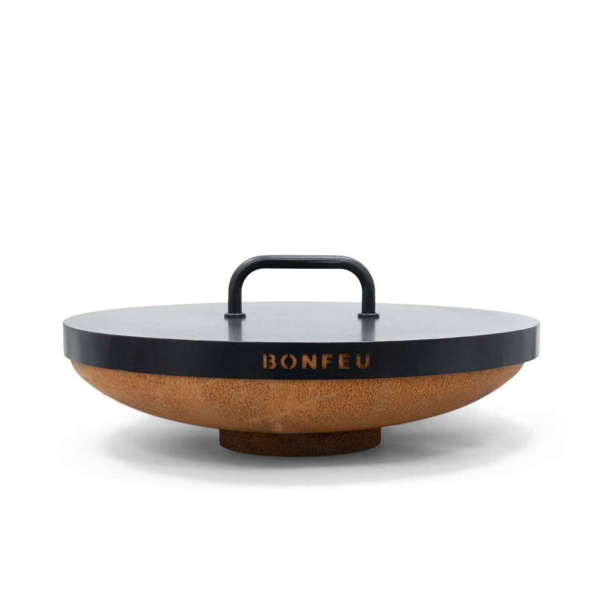Lid for bonfeu bonbowl and bonbowl plus outdoor fire pit with black metal lid and handle and rustic brown ceramic body