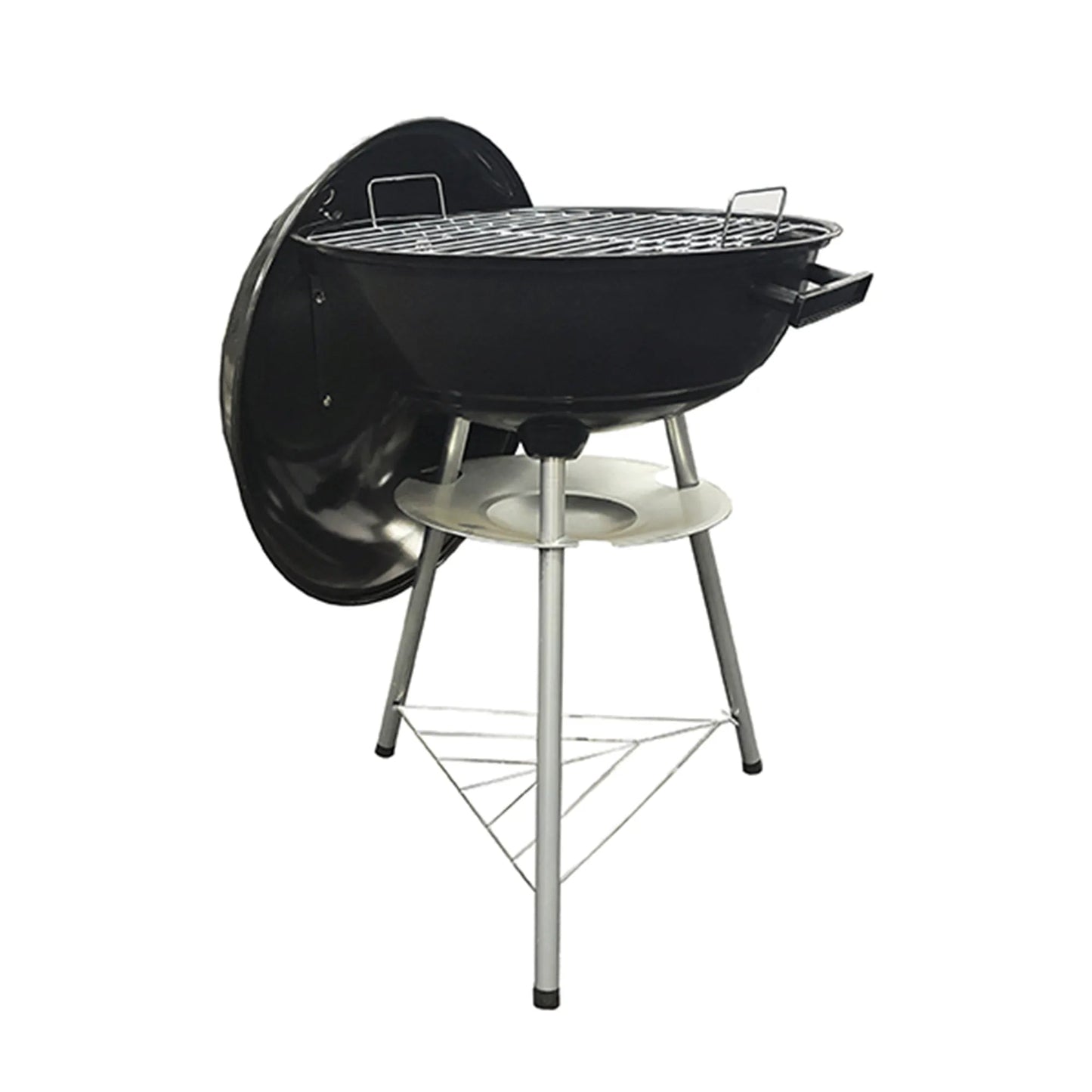 Lifestyle 17 inch black cast iron kettle charcoal bbq with silver metal stand and wire rack for outdoor grilling