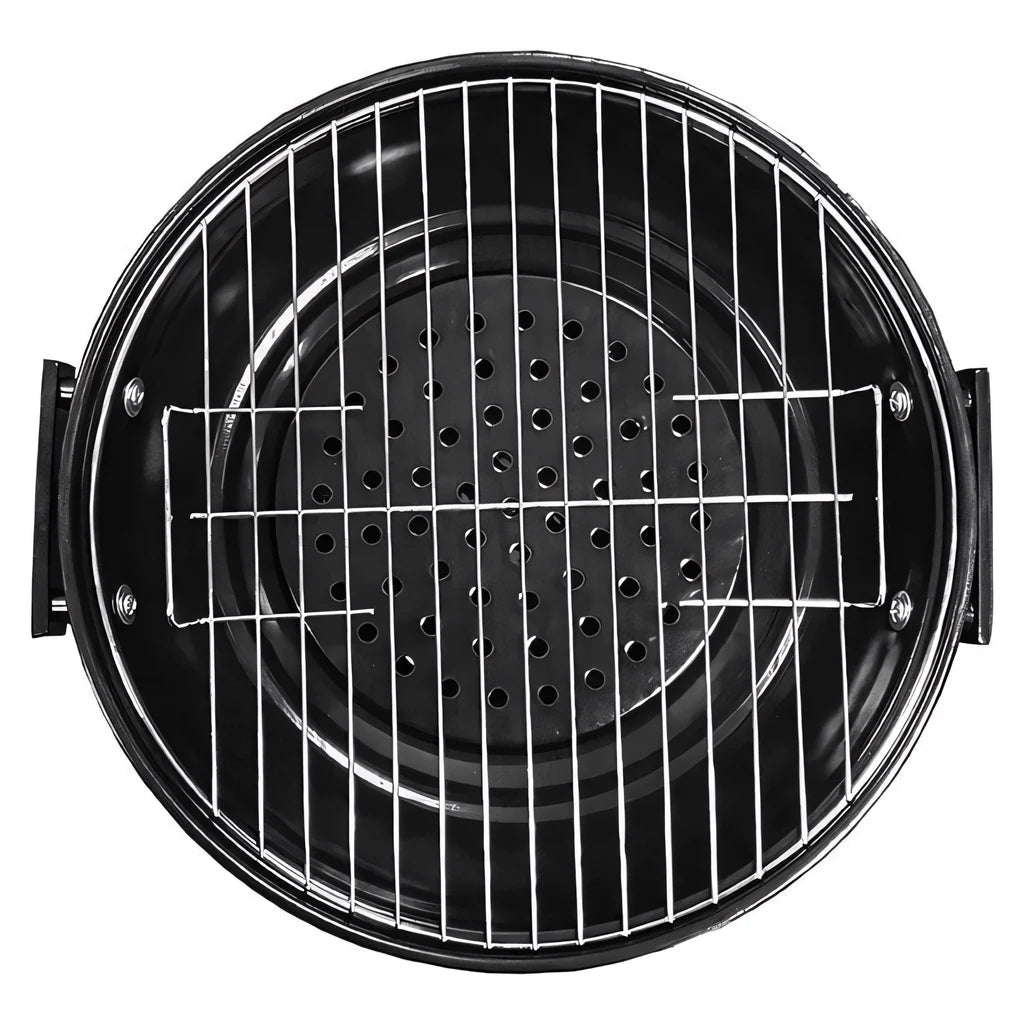 Black circular grill pan with perforated base and metal grates for lifestyle 17 inch kettle charcoal bbq ba0017c