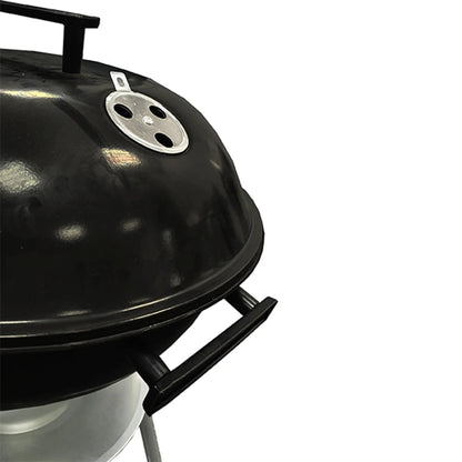 Lifestyle 17 inch black cast iron kettle charcoal BBQ with silver vented lid and side handle for outdoor grilling