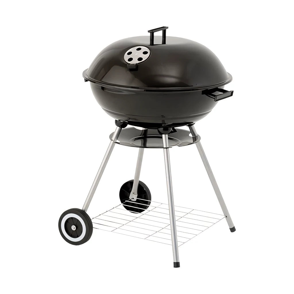 Lifestyle 22 inch black cast iron kettle charcoal grill with chrome legs and wheels for outdoor cooking