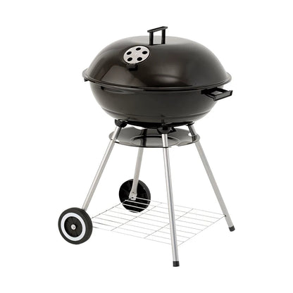 Lifestyle 22 inch black cast iron kettle charcoal grill with chrome legs and wheels for outdoor cooking