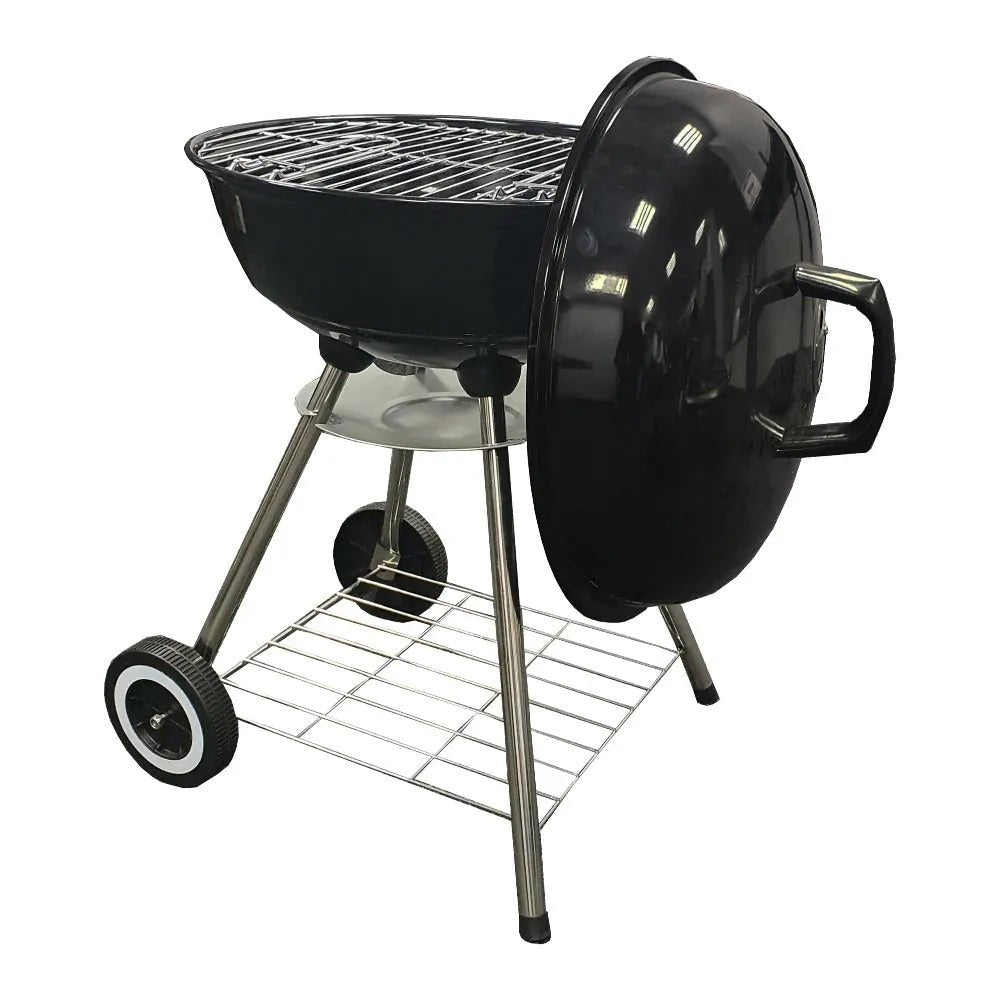Lifestyle 22 inch black enamel coated cast iron kettle charcoal BBQ with chrome legs and wheels for outdoor grilling