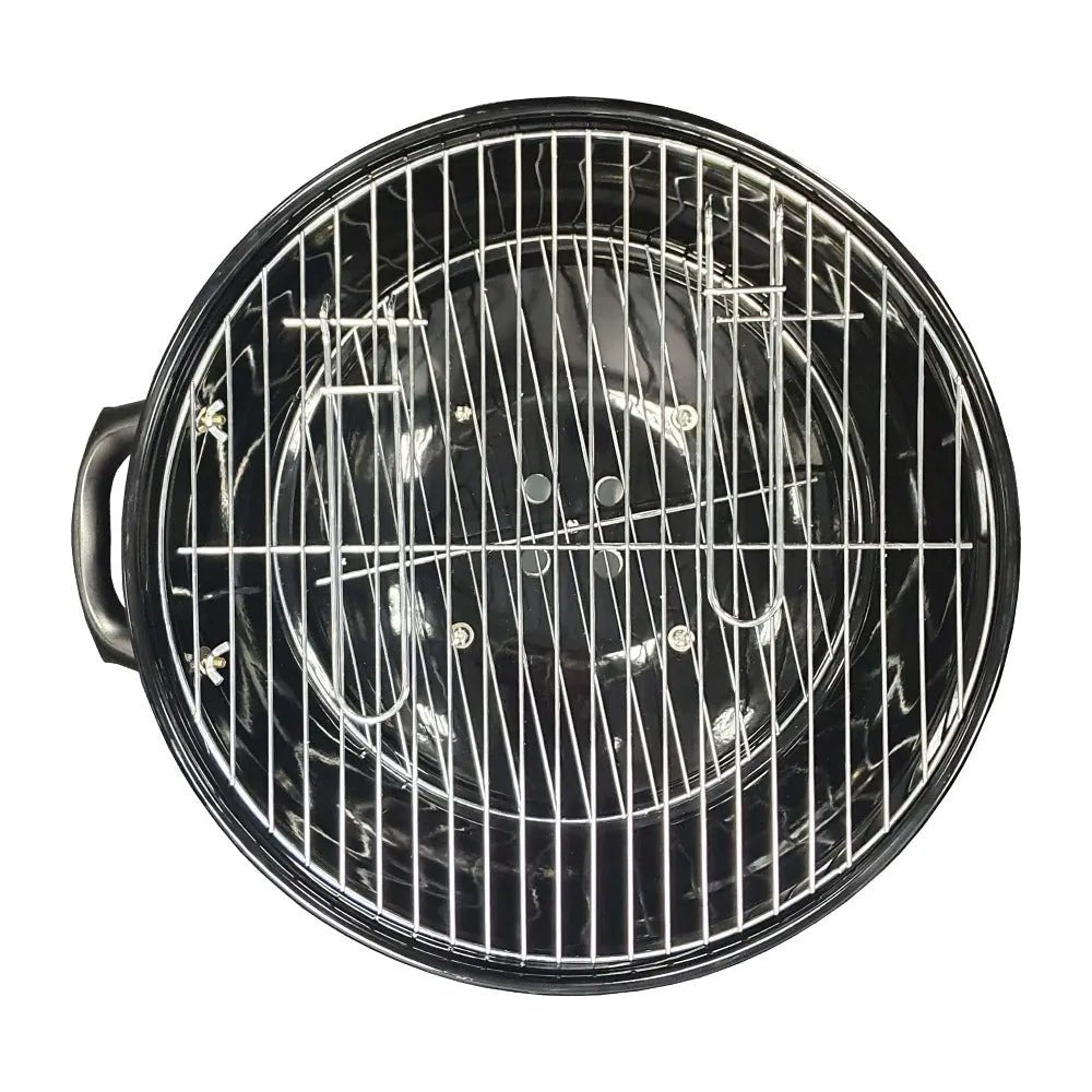 Lifestyle 22 inch kettle charcoal BBQ with black enameled cast iron grill and silver metal grate with side handle