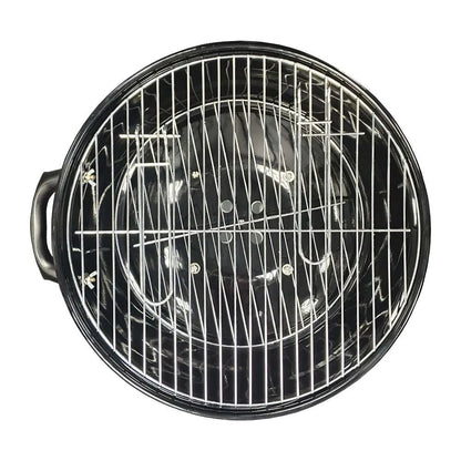 Lifestyle 22 inch kettle charcoal BBQ with black enameled cast iron grill and silver metal grate with side handle