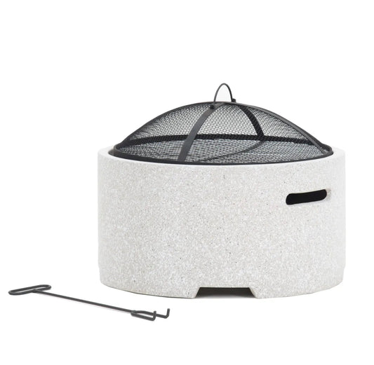 Lifestyle Adena MGO fire pit with white textured concrete body and black metal mesh lid with handle