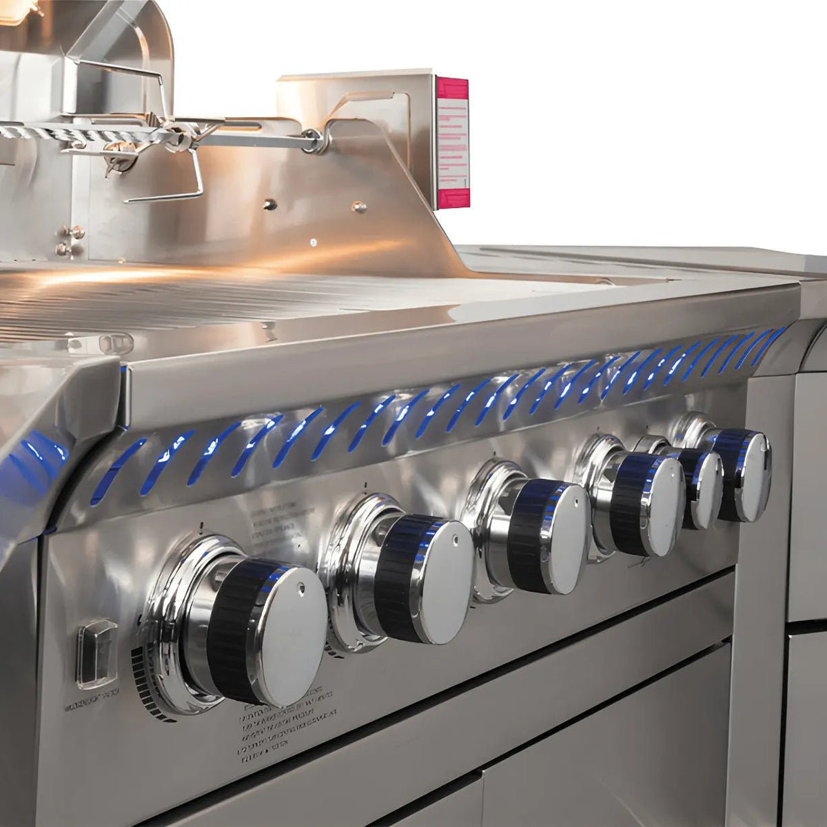 Lifestyle Bahama Island stainless steel gas grill with six black and silver knobs and blue LED edge lighting