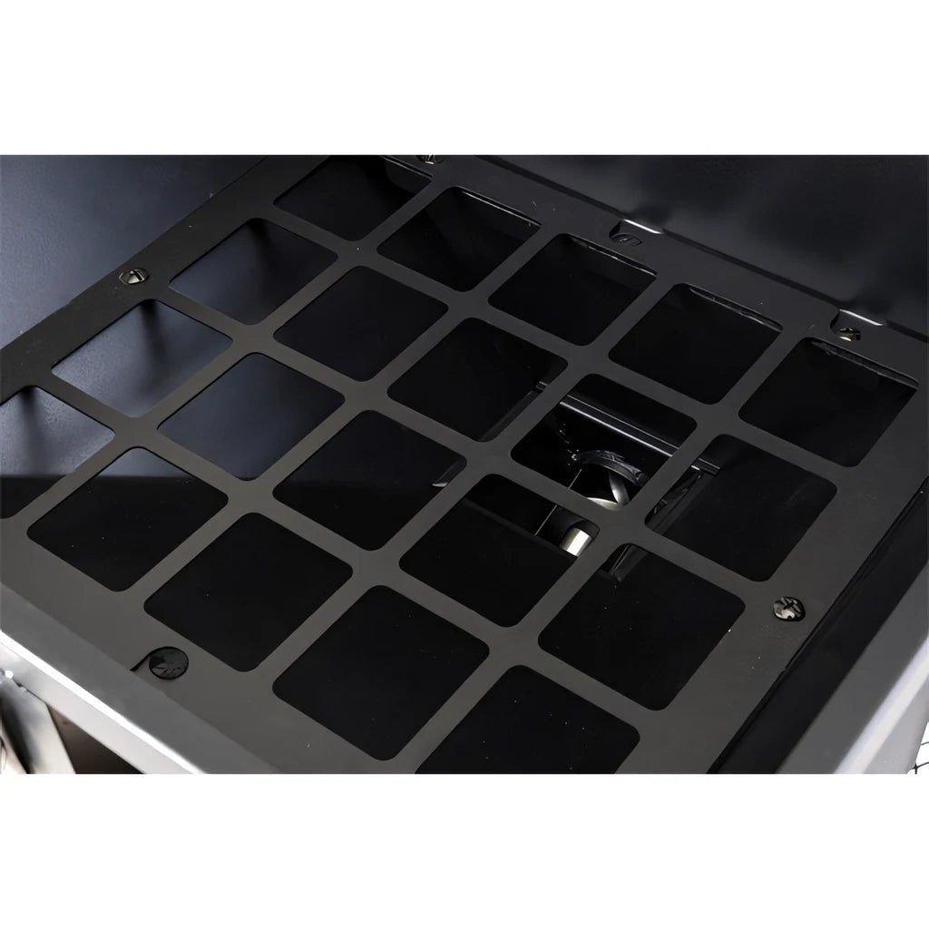 Black metal grid panel with square cutouts and visible screws on lifestyle big horn pellet smoker plus grill lfs256