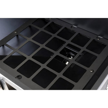 Black metal grid panel with square cutouts and visible screws on lifestyle big horn pellet smoker plus grill lfs256