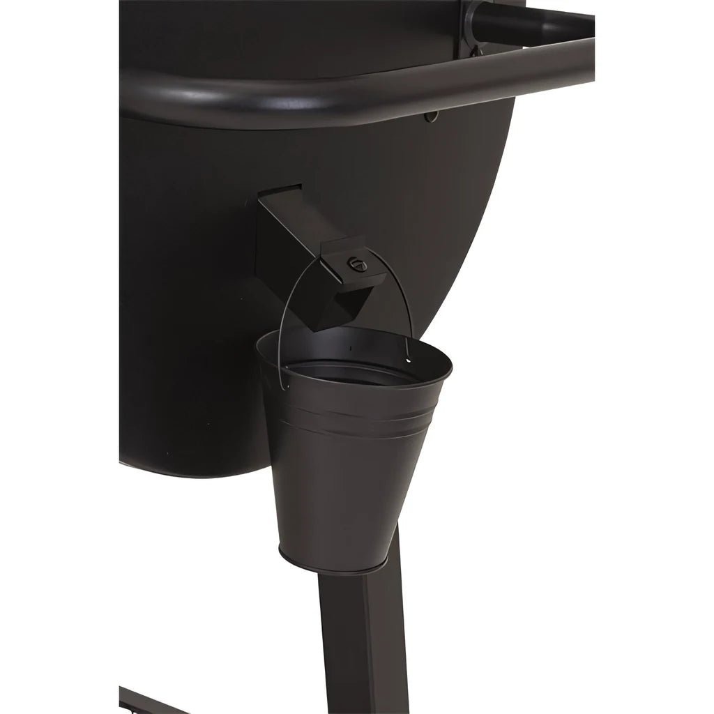 Black metal bucket with handle attached to the side of a lifestyle big horn pellet smoker and grill lfs256