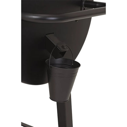 Black metal bucket with handle attached to the side of a lifestyle big horn pellet smoker and grill lfs256