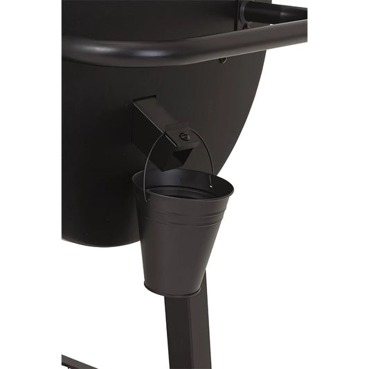 Black metal bucket with handle attached to the side of a lifestyle big horn pellet smoker and grill lfs256