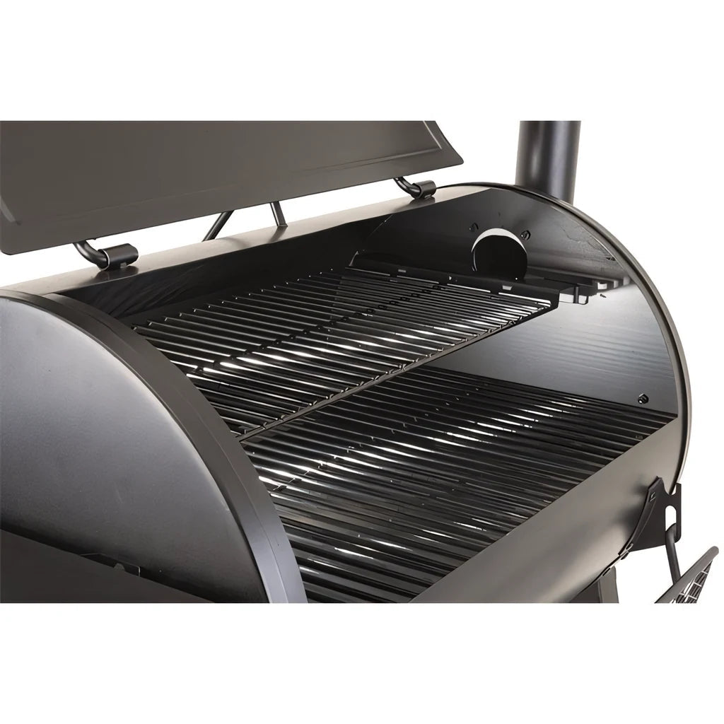 Black cast iron lifestyle big horn pellet smoker grill with curved lid and two parallel grates inside