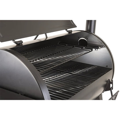 Black cast iron lifestyle big horn pellet smoker grill with curved lid and two parallel grates inside