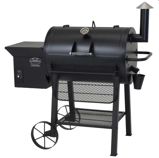 Black cast iron lifestyle big horn pellet smoker and grill with stainless steel chimney and side control panel