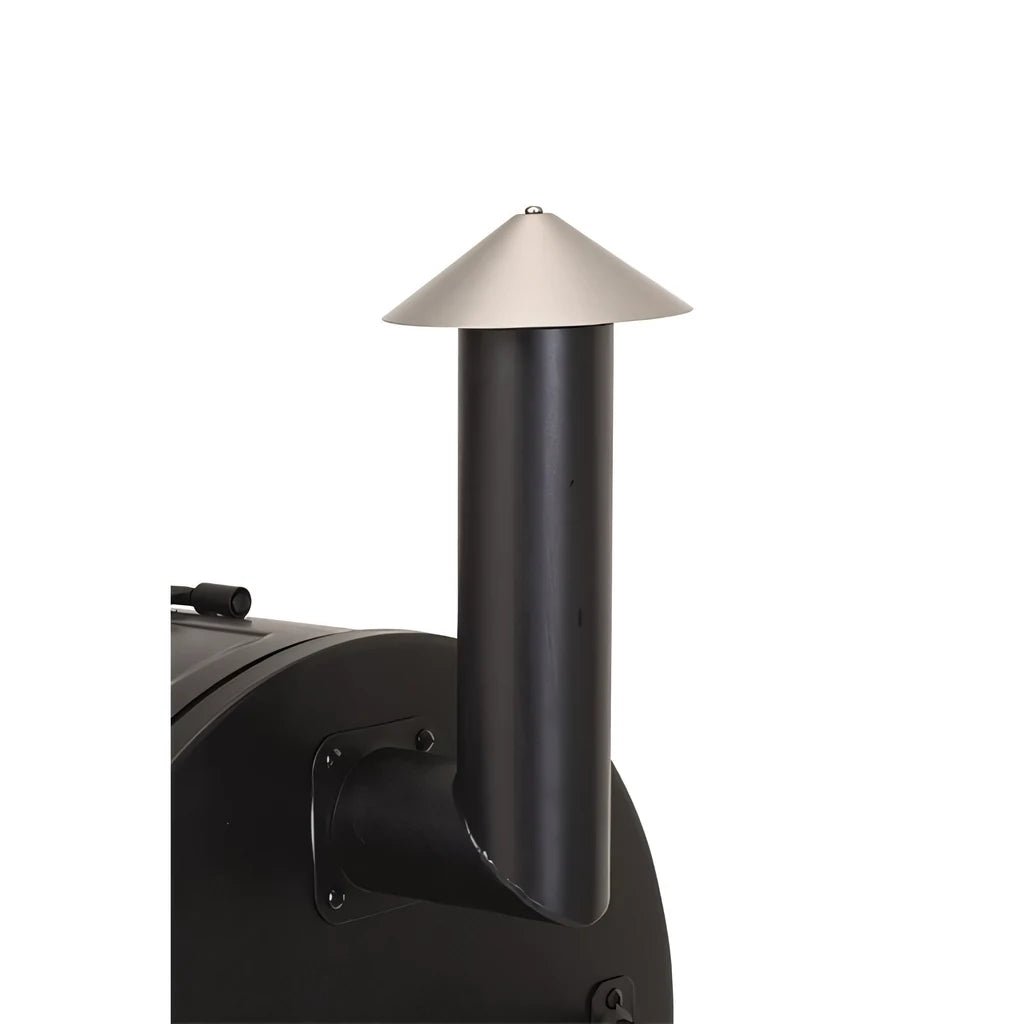 Black cylindrical chimney with silver conical cap on lifestyle big horn pellet smoker and grill lfs256