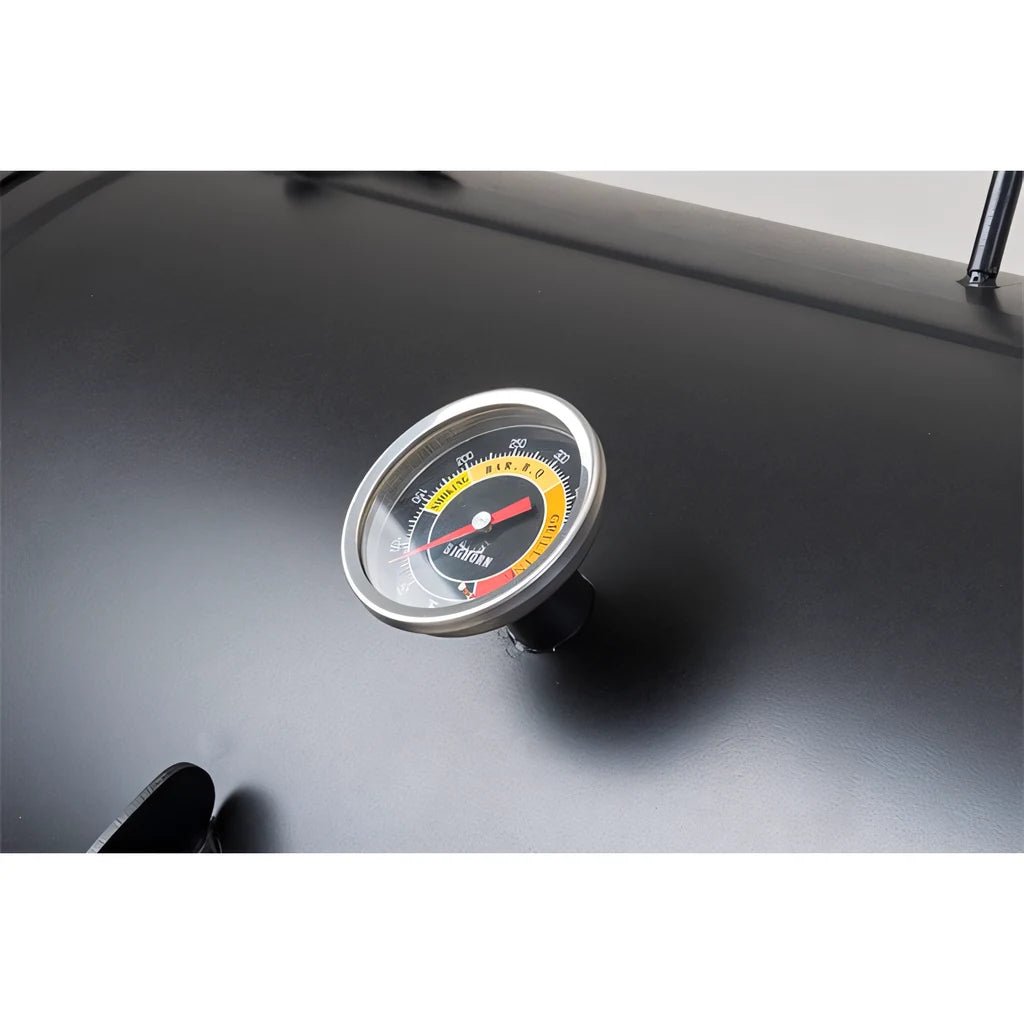 Black matte-finish grill thermometer with silver bezel and red needle showing yellow and orange zones on lifestyle big horn pellet smoker grill lfs256