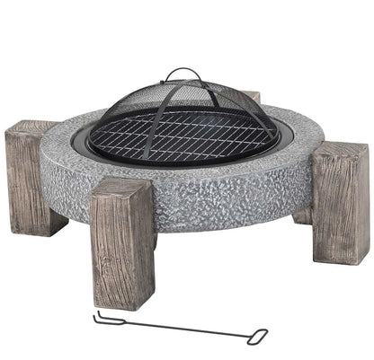 Lifestyle Calida MGO fire pit with gray stone bowl rustic wooden legs and black mesh lid for outdoor use
