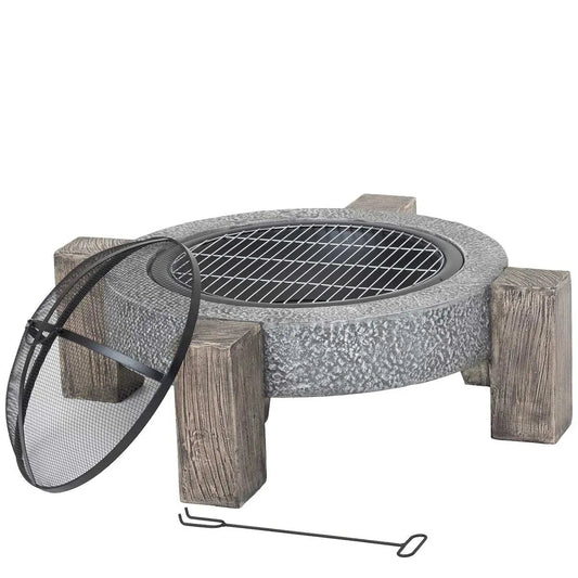 Lifestyle Calida MGO fire pit with rustic gray stone, wooden legs, and black metal grate for outdoor use