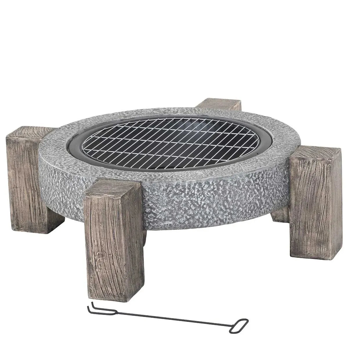 Lifestyle Calida MGO fire pit with gray stone bowl rustic wooden legs and metal grate for outdoor use