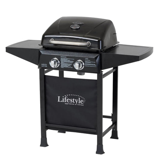 Lifestyle cuba 2 gas burner bbq lfs687q black gas grill with sleek modern design and two control knobs