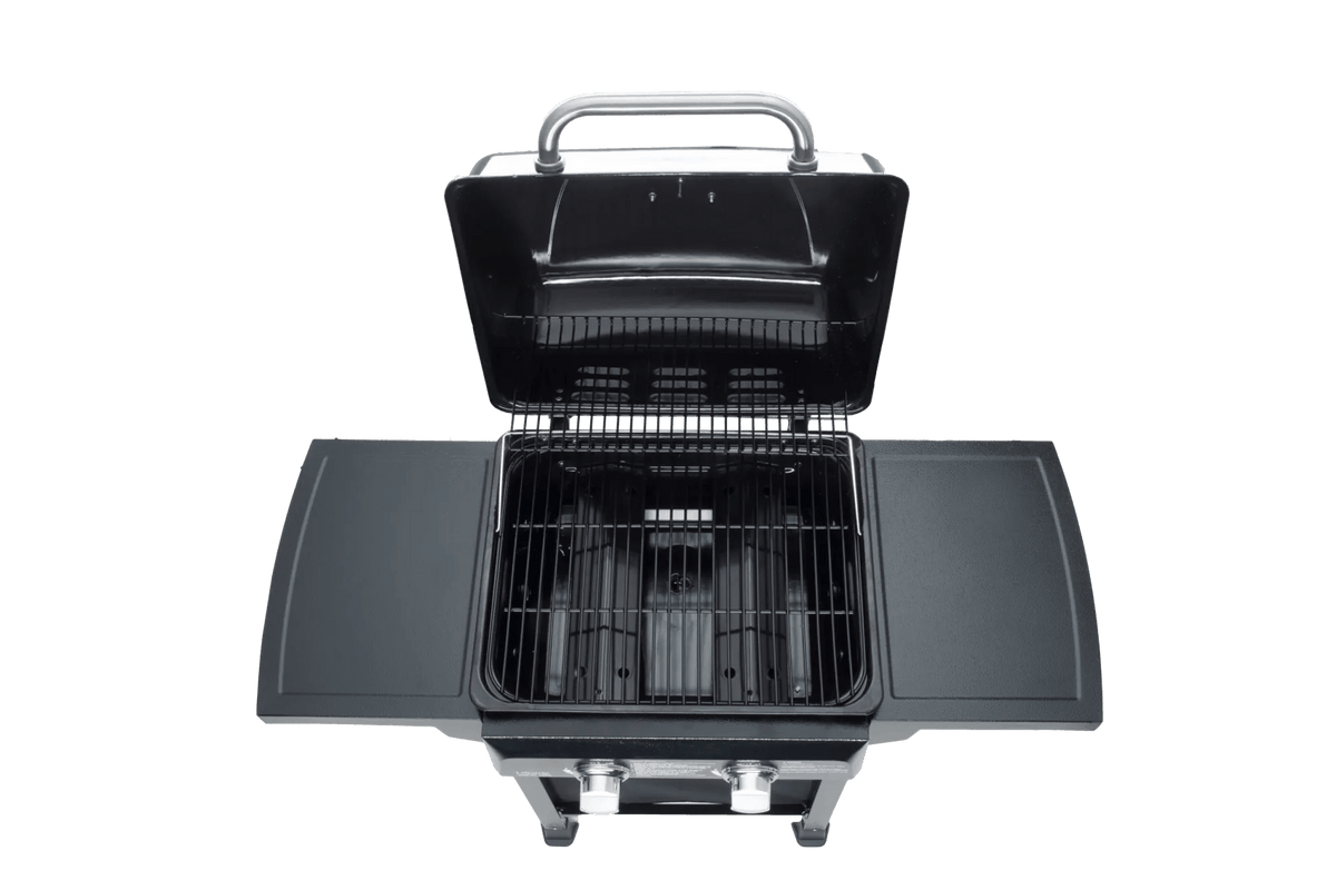 Black stainless steel lifestyle cuba 2 gas burner bbq grill with silver handle and control knobs