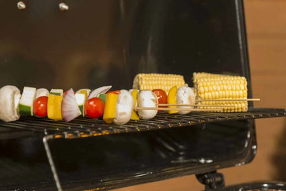 Colorful vegetable skewers with corn mushrooms and bell peppers grilling on black barbecue rack of lifestyle cuba 2 gas burner bbq lfs687q