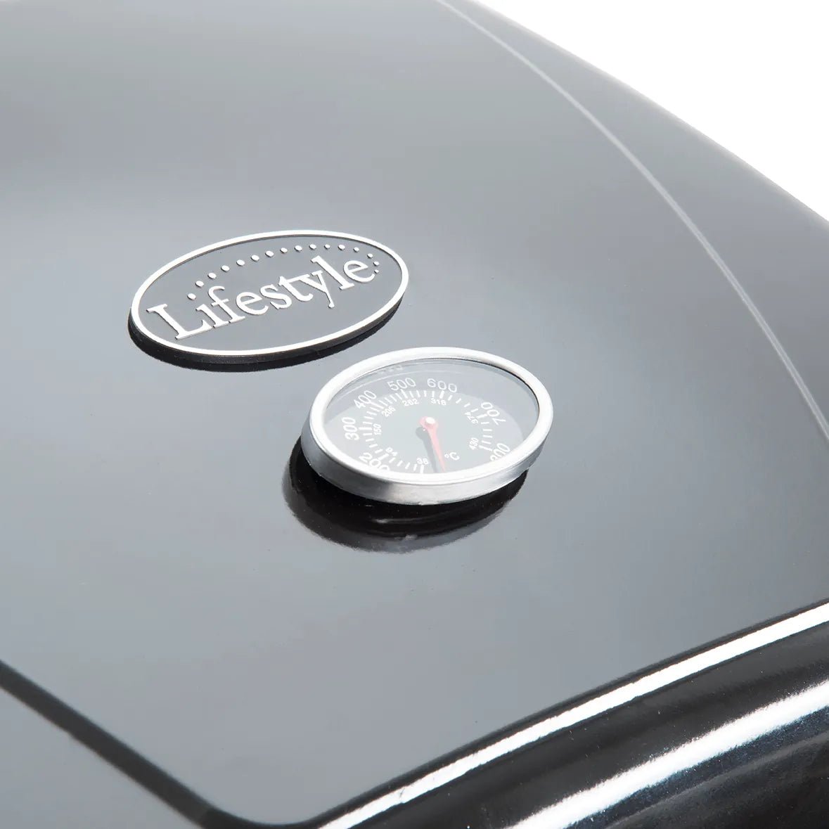 Black matte-finish lifestyle cuba 2 gas burner bbq grill with silver emblem and circular temperature gauge