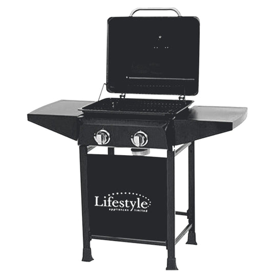 Black metal lifestyle cuba 2 gas burner bbq with hinged lid two control knobs and storage bag with brand logo