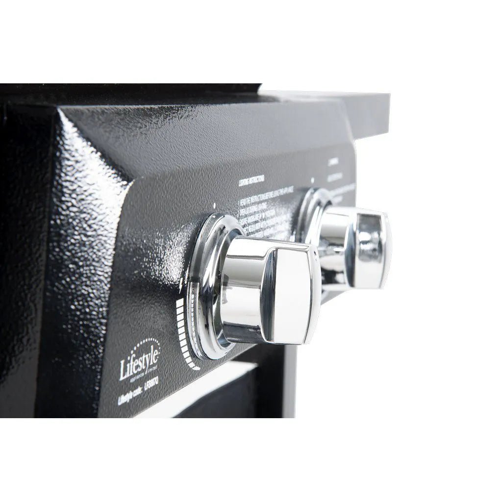 Black textured Lifestyle Cuba 2 gas burner BBQ grill with two shiny chrome control knobs for outdoor cooking