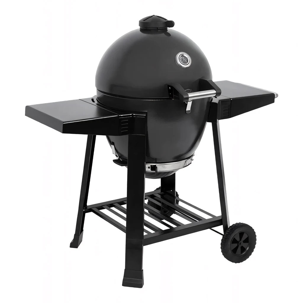 Lifestyle Dragon Egg charcoal BBQ LFS300 is a black spherical grill with matte finish, side shelves, and wheels for mobility