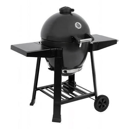 Lifestyle Dragon Egg charcoal BBQ LFS300 is a black spherical grill with matte finish, side shelves, and wheels for mobility