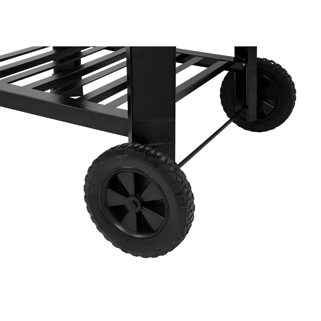Black metal cart with rugged textured rubber wheels for lifestyle dragon egg charcoal bbq lfs300 back side view