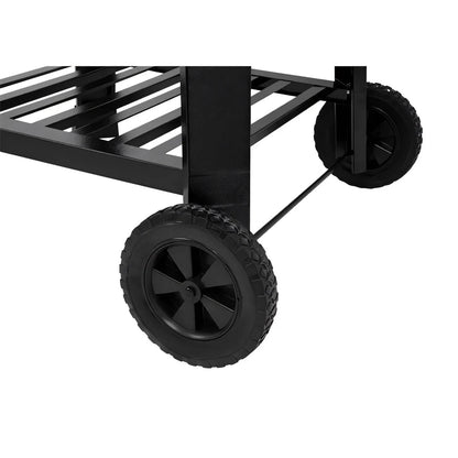 Black metal cart with rugged textured rubber wheels for lifestyle dragon egg charcoal bbq lfs300 back side view