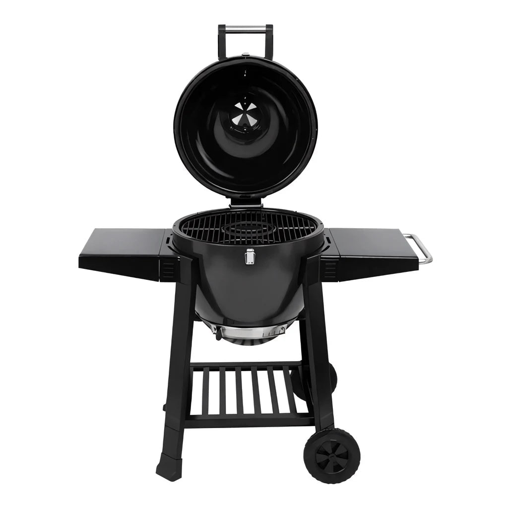 Black ceramic lifestyle dragon egg charcoal bbq lfs300 grill with round dome body and side shelves for outdoor cooking