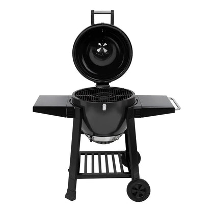Black ceramic lifestyle dragon egg charcoal bbq lfs300 grill with round dome body and side shelves for outdoor cooking