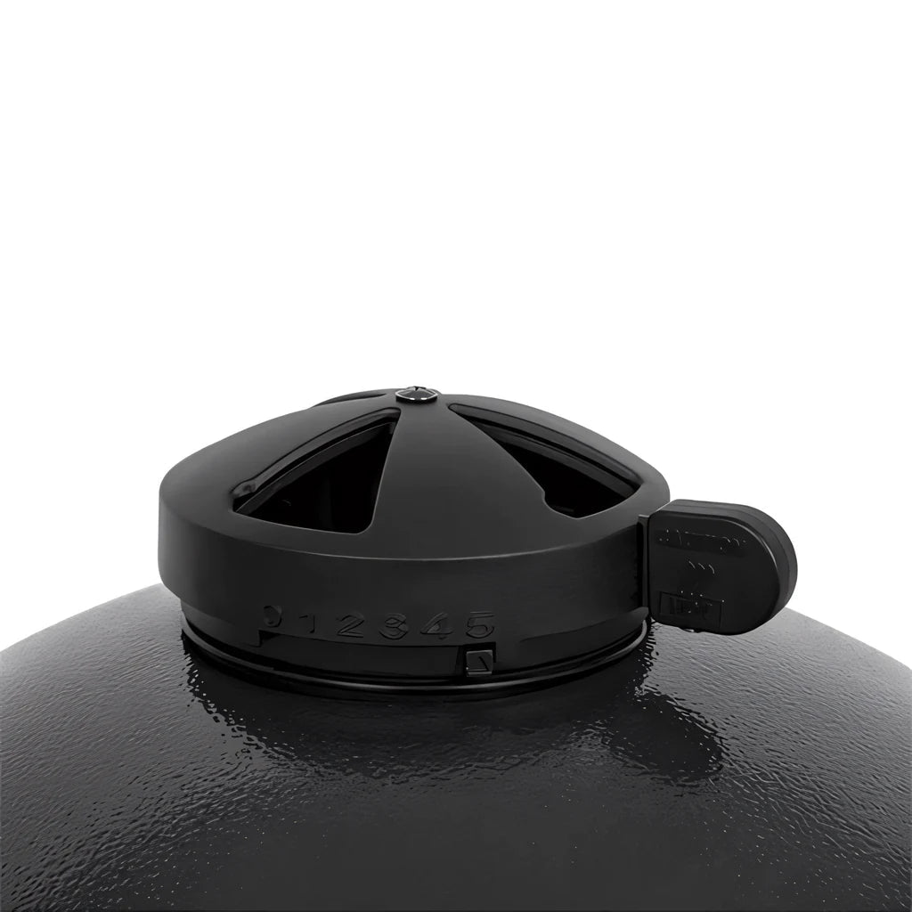 Black plastic lid with handle and ventilation slots for lifestyle dragon egg charcoal bbq lfs300 with engraved base numbers