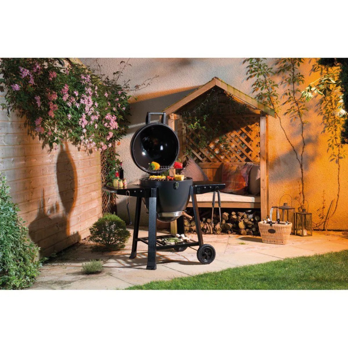 Black ceramic kettle grill lifestyle dragon egg charcoal bbq lfs300 with round lid and wheels for outdoor cooking