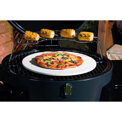 White ceramic lifestyle dragon egg pizza stone with freshly baked pepperoni and vegetable pizza on top
