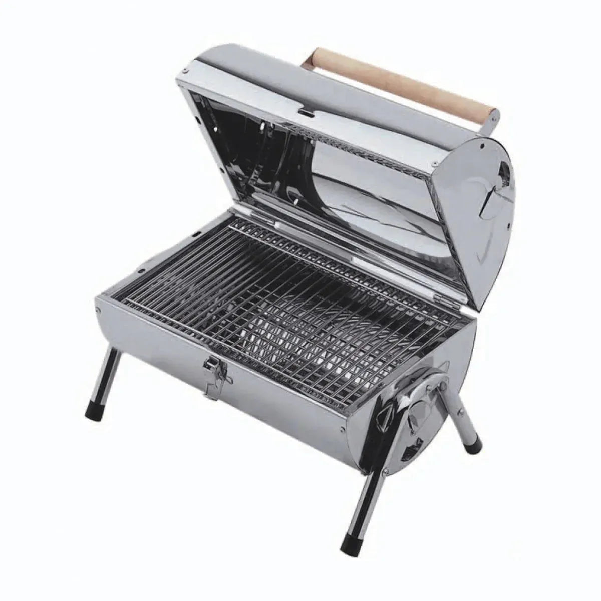 Lifestyle Explorer portable charcoal BBQ stainless steel grill with wooden handle and black rubber feet
