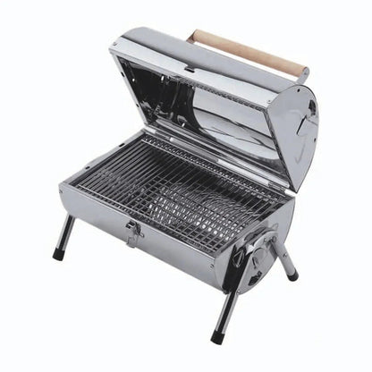 Lifestyle Explorer portable charcoal BBQ stainless steel grill with wooden handle and black rubber feet